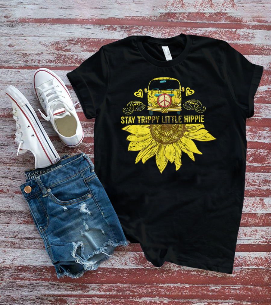 Stay Trippy Little Hippie Peace Sign Bus With Sunflower And Hearts T-Shirt
