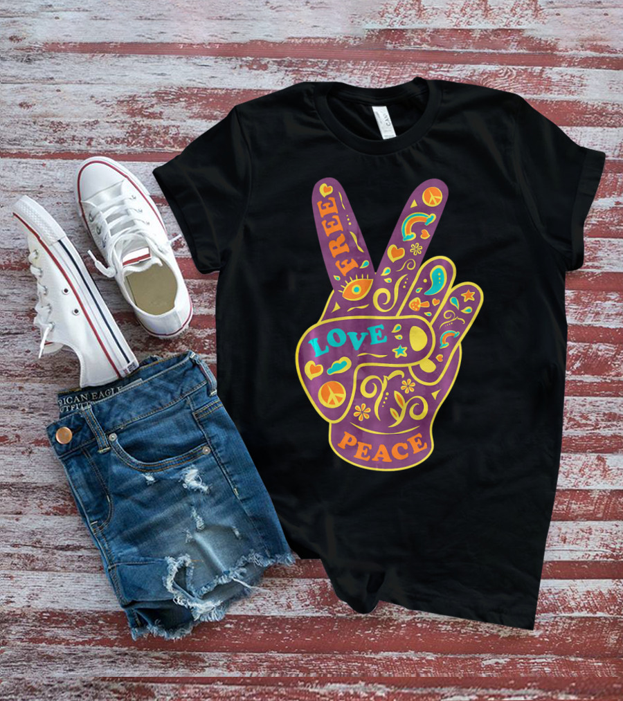 Free Love Peace Bohemian Boho Chic Peace Sign Hand T-Shirt
