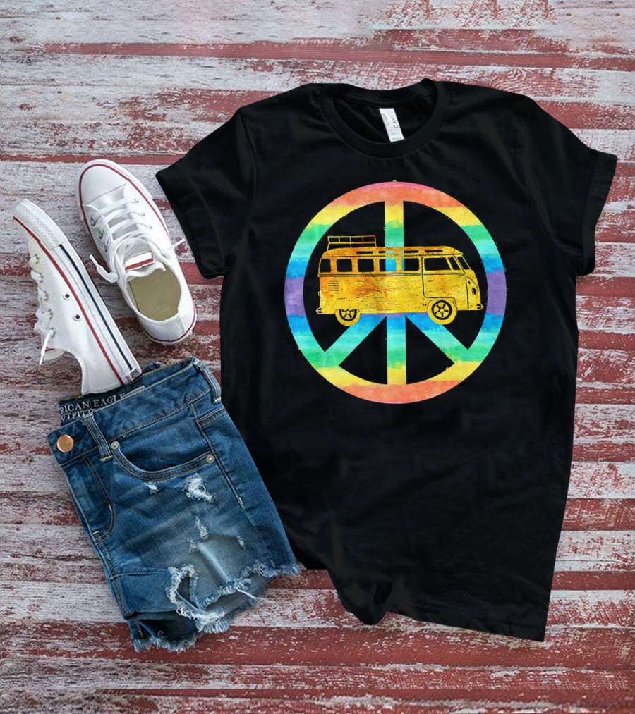 Vintage Hippie Bus Rainbow Van Peace Sign T-Shirt