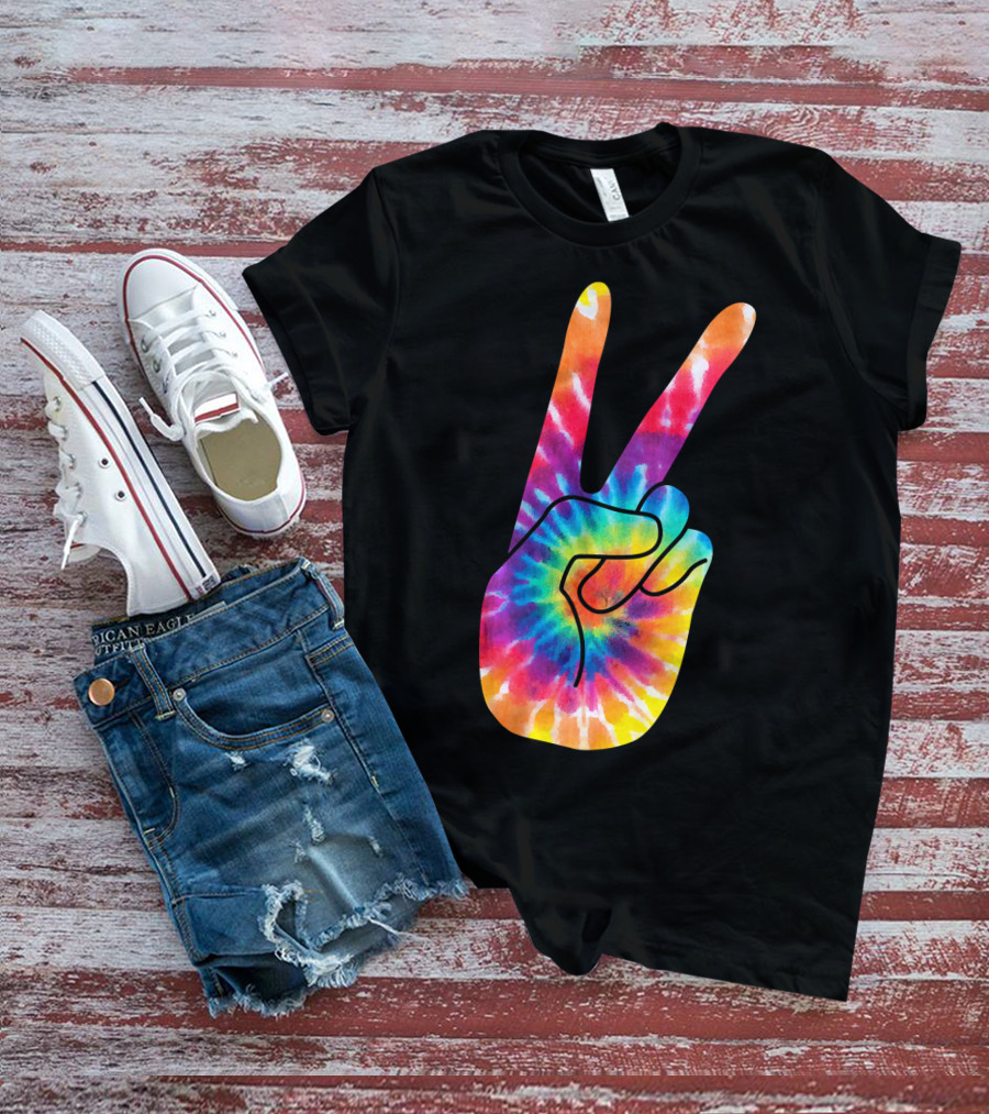World Peace Tie-Dye V Hand Sign 60s 70s Retro T-Shirt