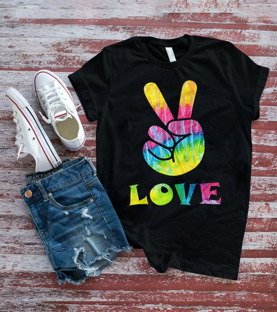 Love Tye Dye Peace Sign Rainbow Hand T-Shirt