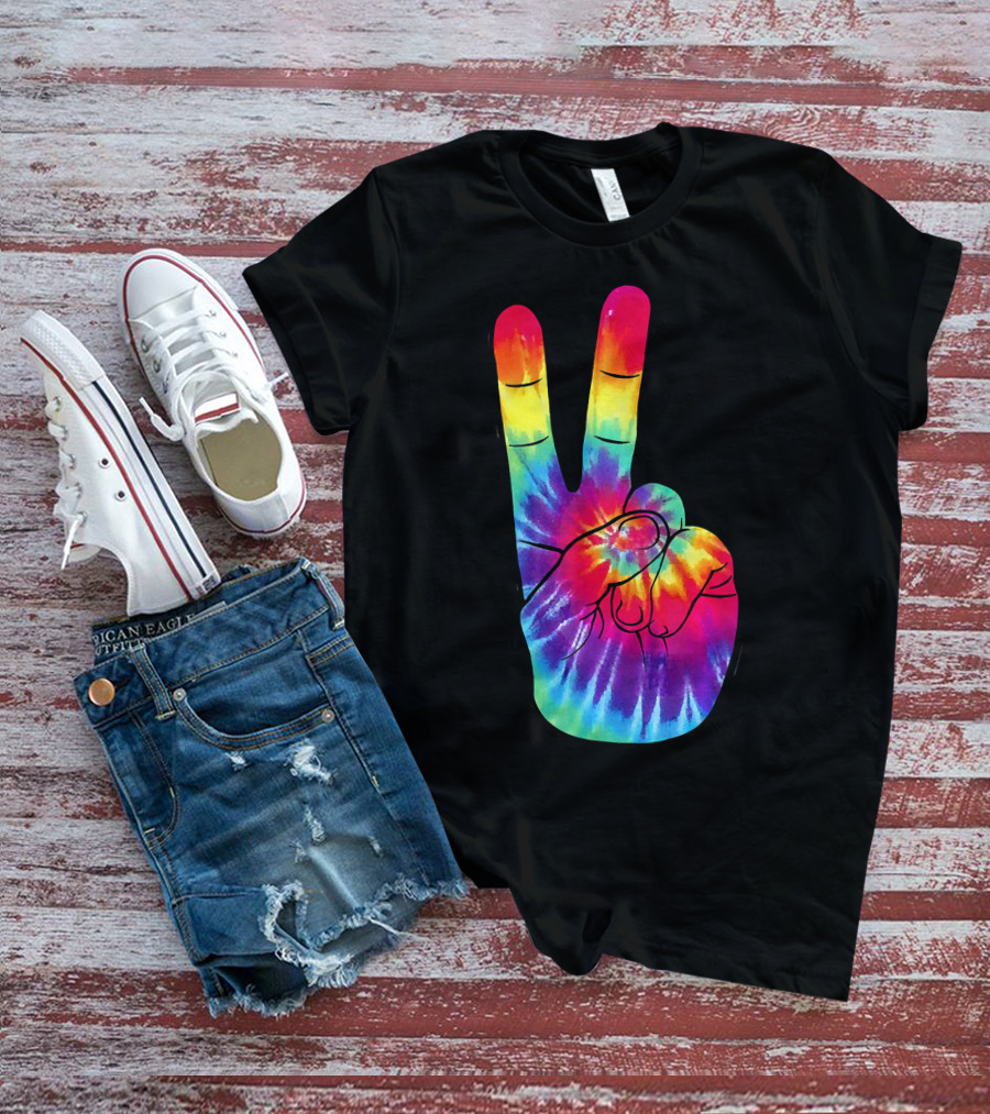 Tie Dye Peace Sign Hand Gesture Rainbow Victory T-Shirt