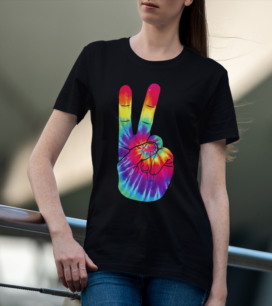 Tie Dye Peace Sign Hand Gesture Rainbow Victory T-Shirt