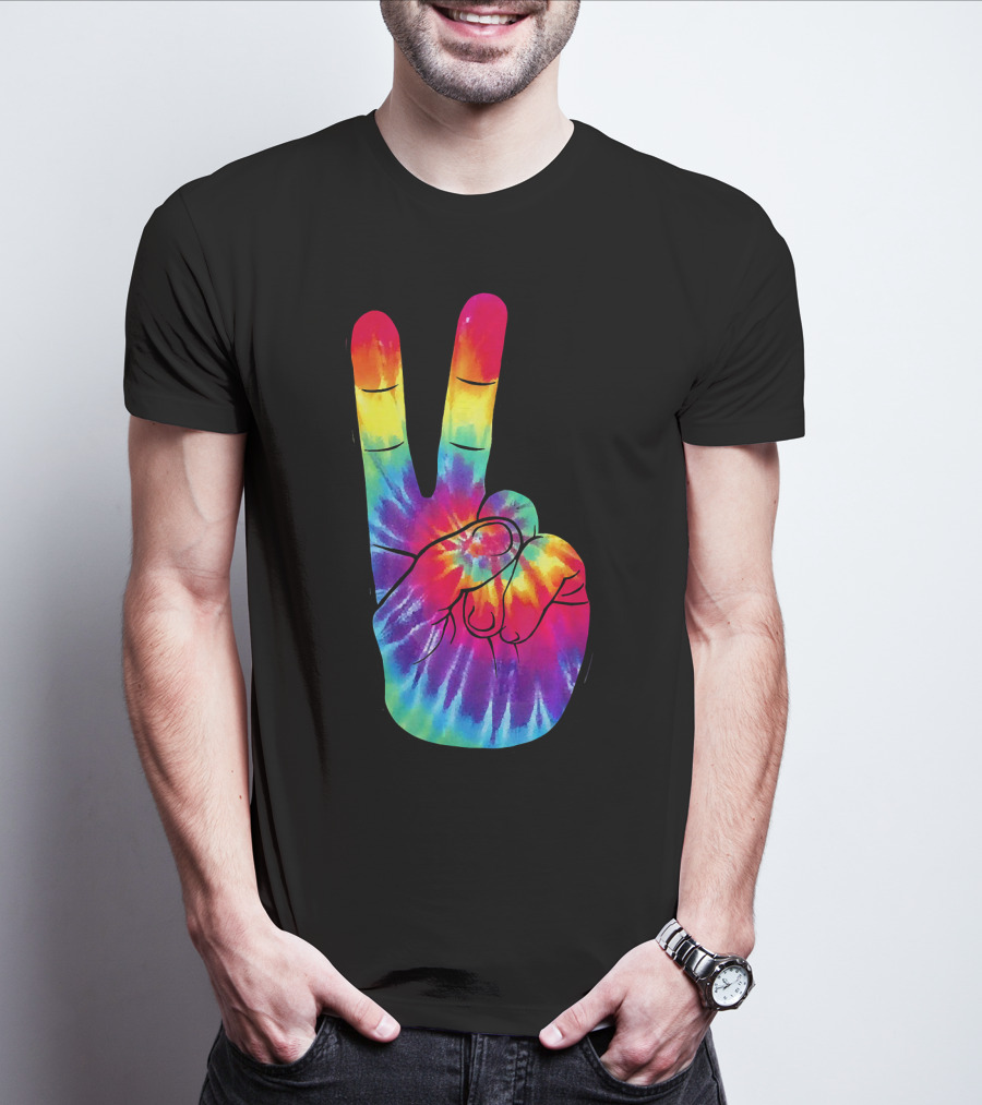 Tie Dye Peace Sign Hand Gesture Rainbow Victory T-Shirt