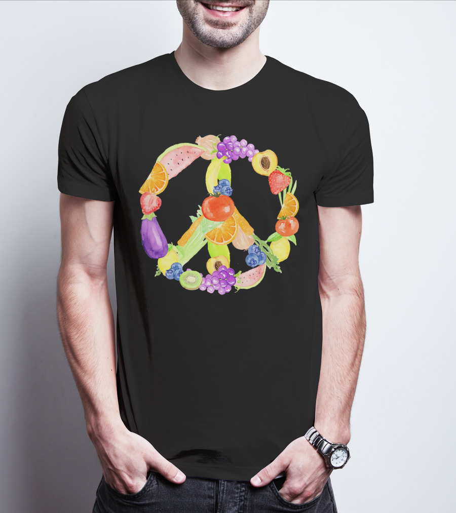 Vegan Fruits Vegetables Peace Sign Watermelon Orange Strawberry Eggplant Banana Kiwi T-Shirt