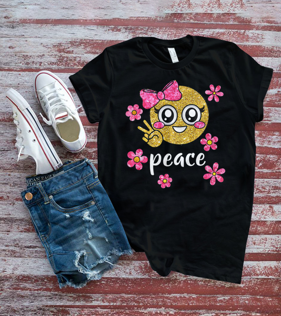 Cute Kawaii Emoji Glitter Peace Sign With Pink Flowers T-Shirt