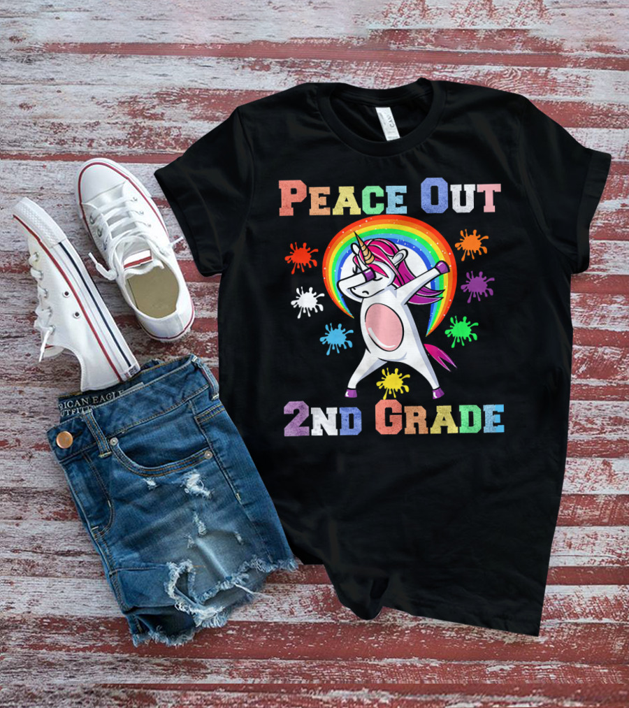 Peace Out 2nd Grade Unicorn Dabbin Rainbow Splash T-Shirt