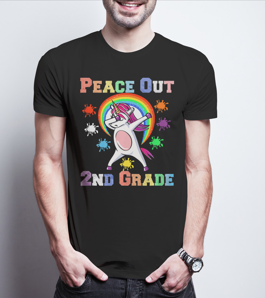 Peace Out 2nd Grade Unicorn Dabbin Rainbow Splash T-Shirt