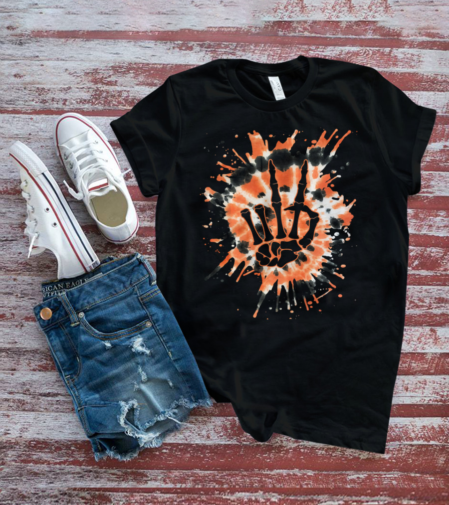 Orange Tie Dye Skeleton Hand Peace Sign T-Shirt
