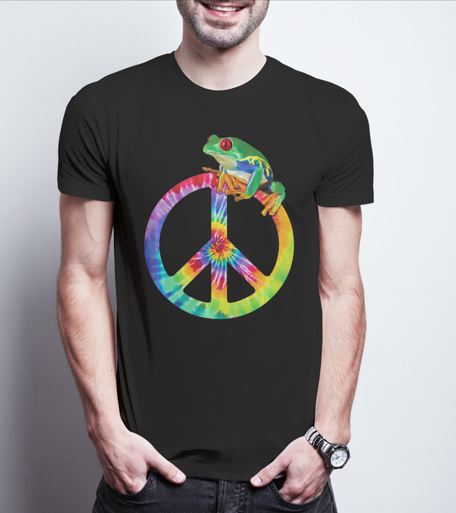 Tie Dye Tree Frog On Peace Sign T-Shirt