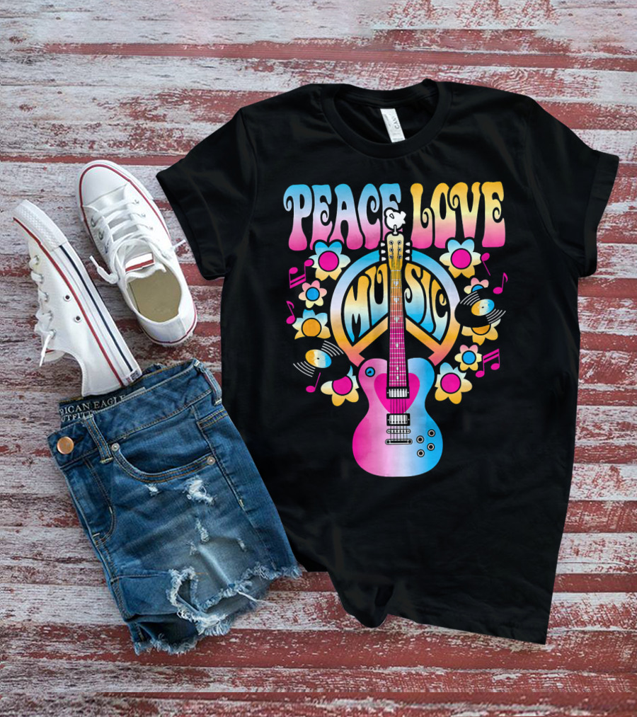 PEACE LOVE MUSIC Retro Rock And Roll Guitar Groovy 60s Style With Flowers And Peace T-Shirt