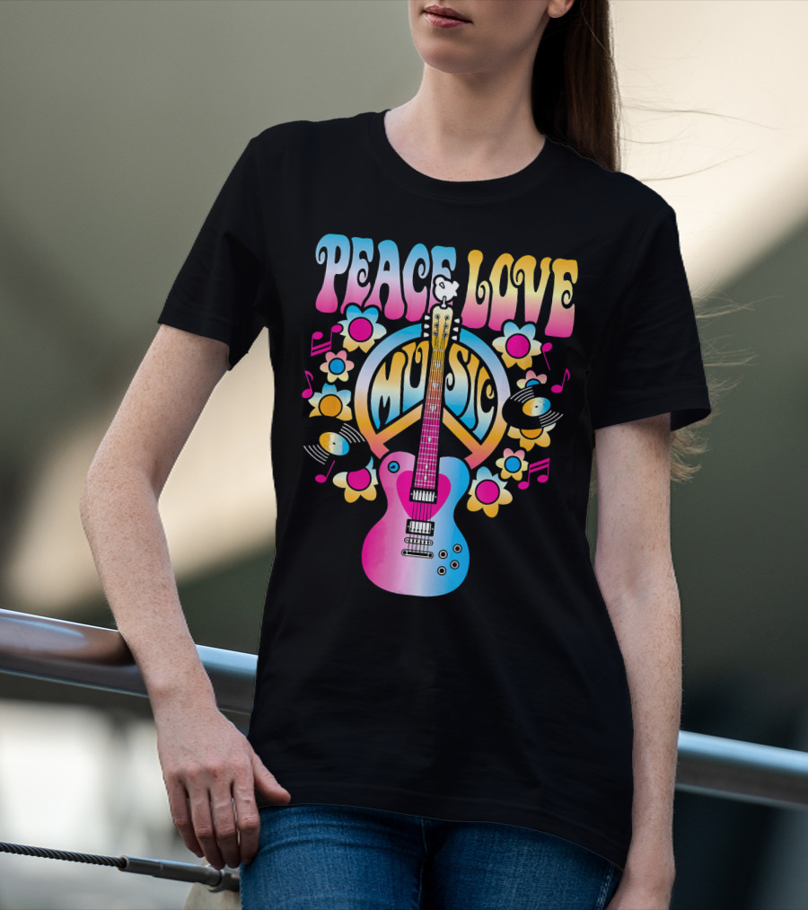 PEACE LOVE MUSIC Retro Rock And Roll Guitar Groovy 60s Style With Flowers And Peace T-Shirt