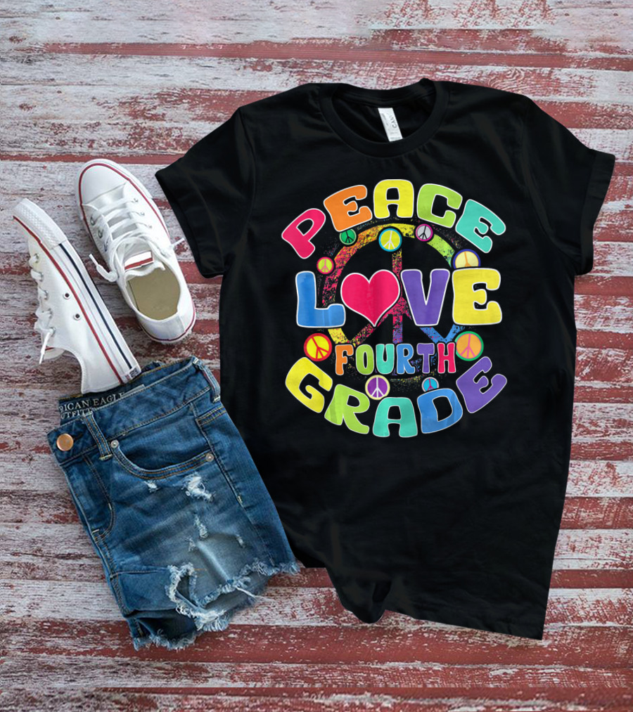 Peace Love Fourth Grade Back To School Groovy Rainbow Peace Signs T-Shirt