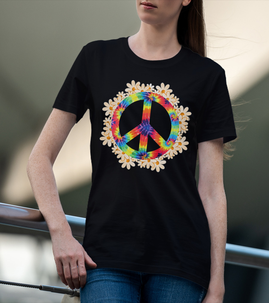 Rainbow Tie-Dye Peace Sign With Daisy Border T-Shirt