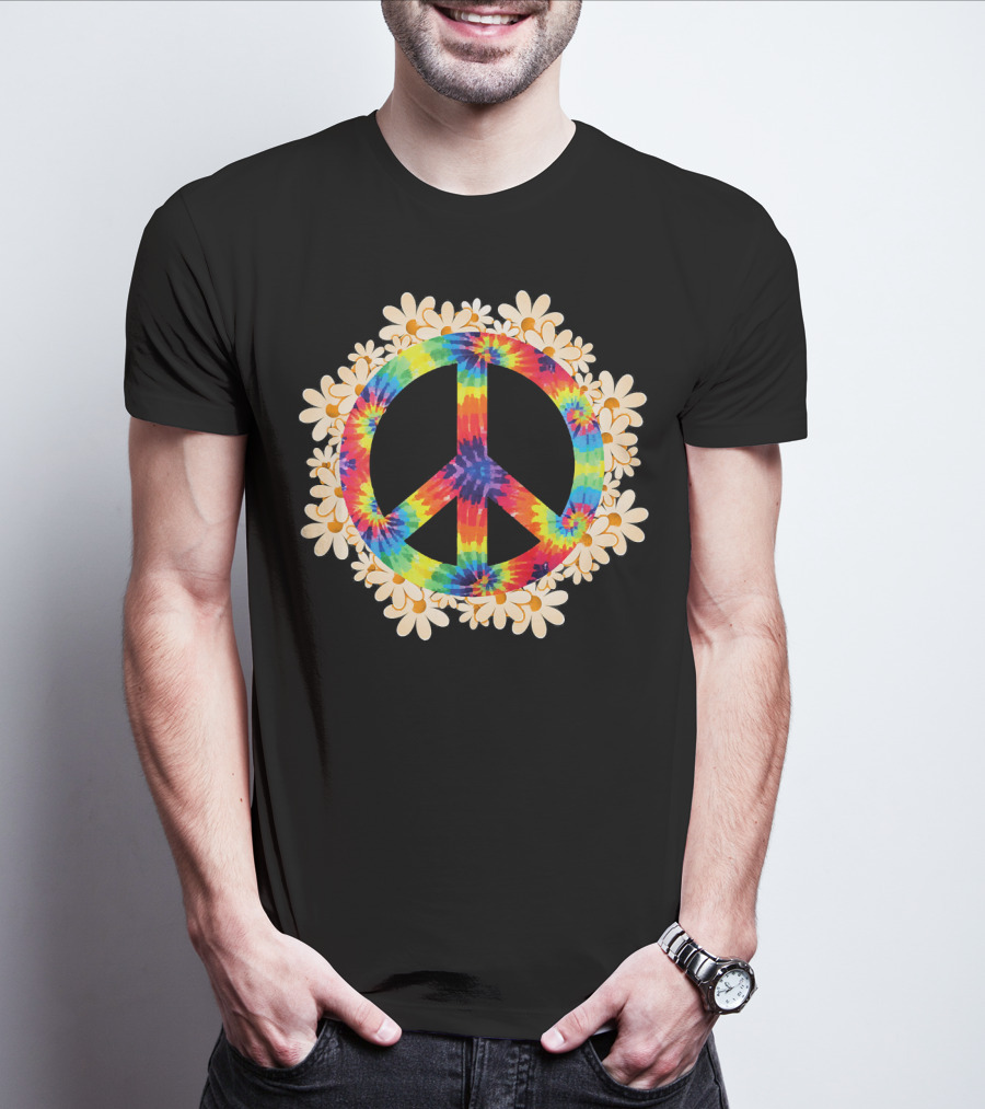 Rainbow Tie-Dye Peace Sign With Daisy Border T-Shirt