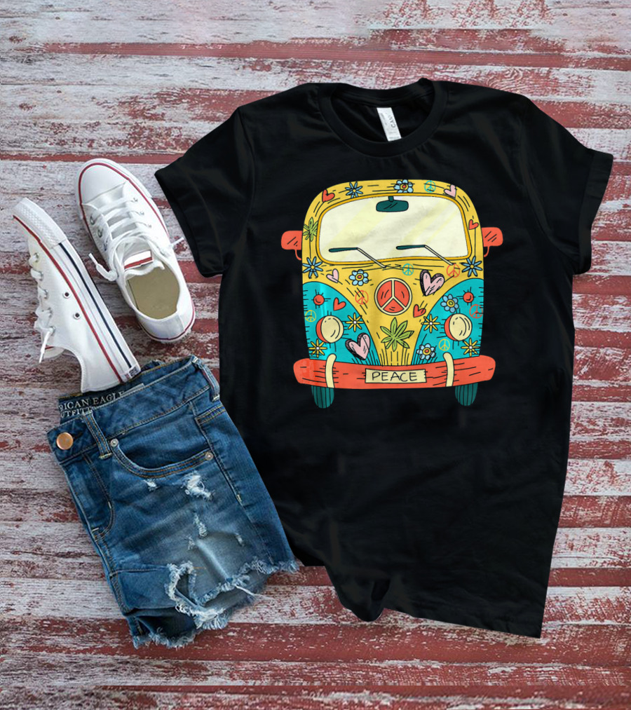 Peace Hippie Van Colorful Flowers And Hearts T-Shirt