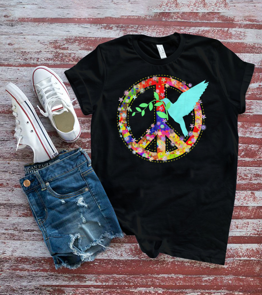 Hippie Peace Dove With Floral Peace Sign 60s 70s T-Shirt