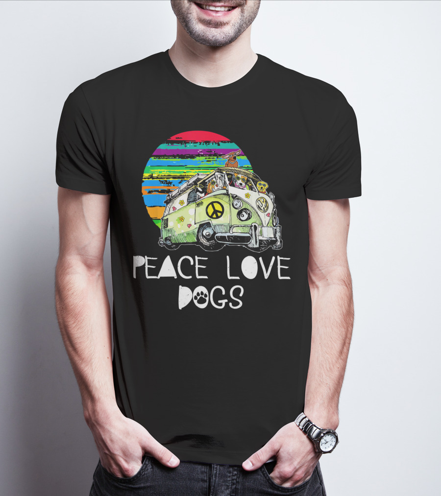 Peace Love Dogs Hippie Van Dog Lovers Vintage Peace Sign Retro Circle T-Shirt