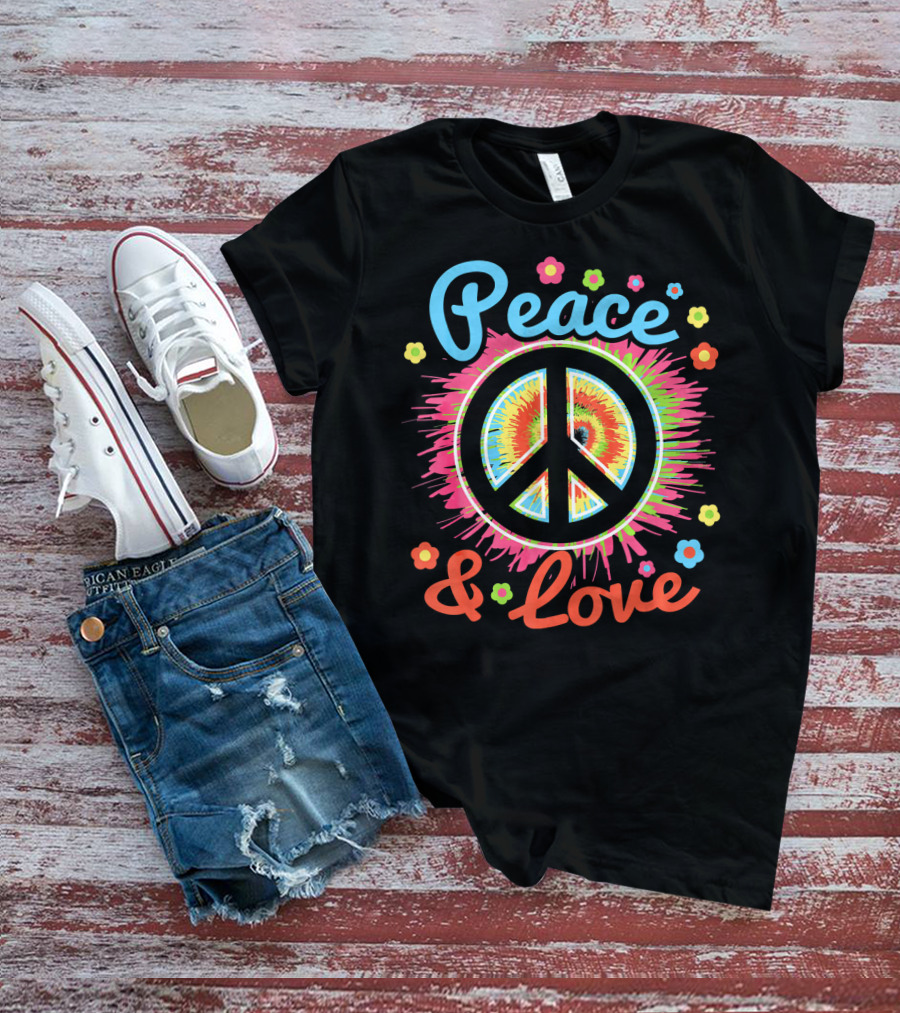 Peace And Love Tie-Dye Peace Sign With Colorful Flowers T-Shirt
