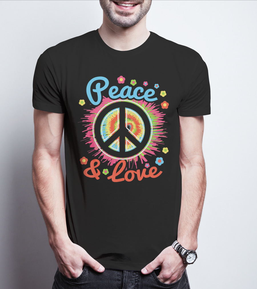 Peace And Love Tie-Dye Peace Sign With Colorful Flowers T-Shirt