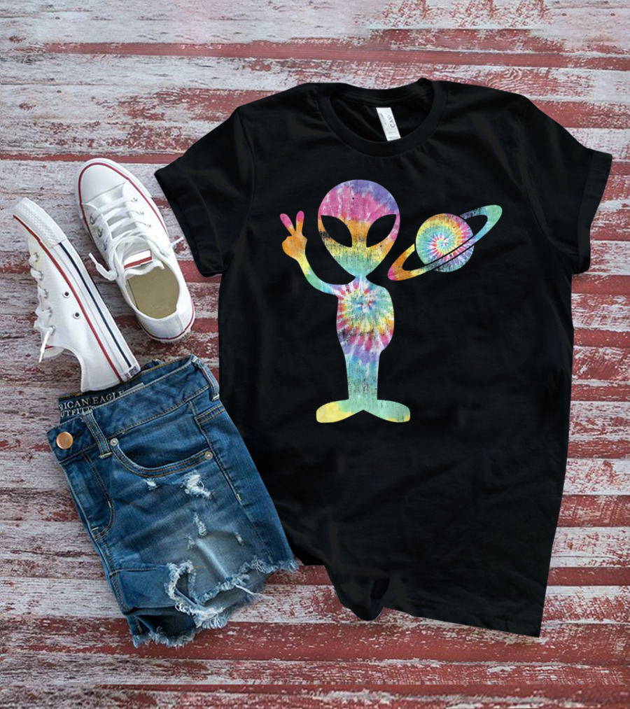 Funny Tie Dye Alien Peace Sign With Planet T-Shirt