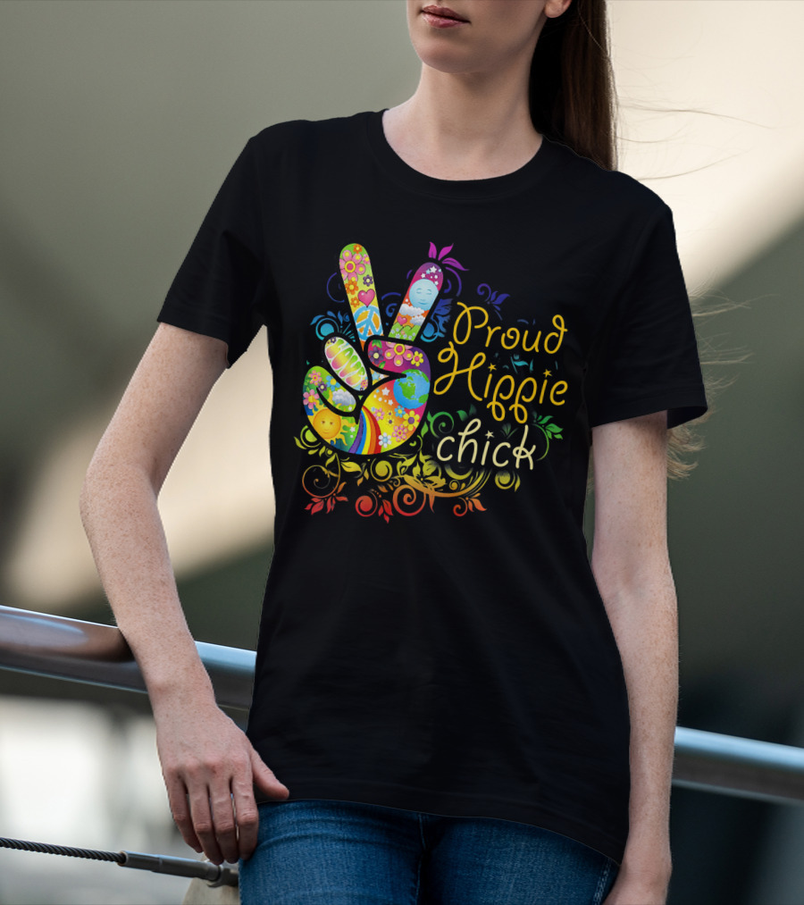 Proud Hippie Chick Peace Sign With Colorful Floral T-Shirt