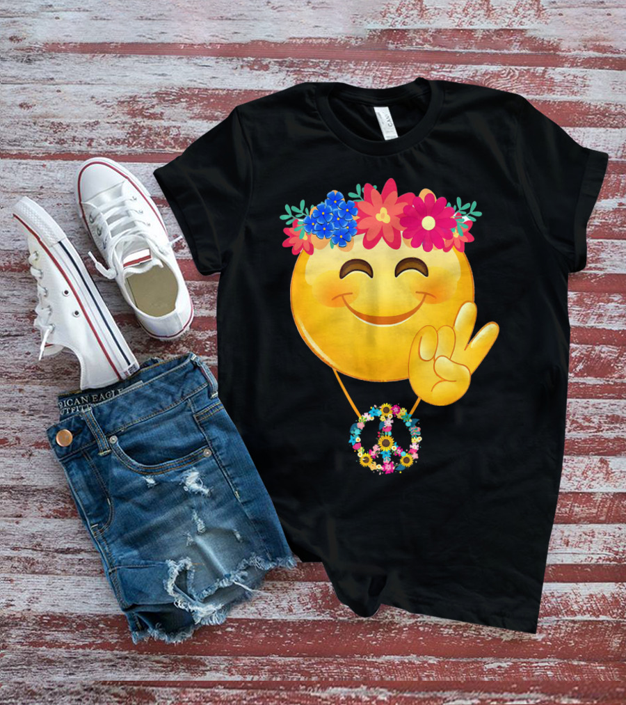 Hippie Flower Power Crown Smiley Peace Sign Necklace T-Shirt