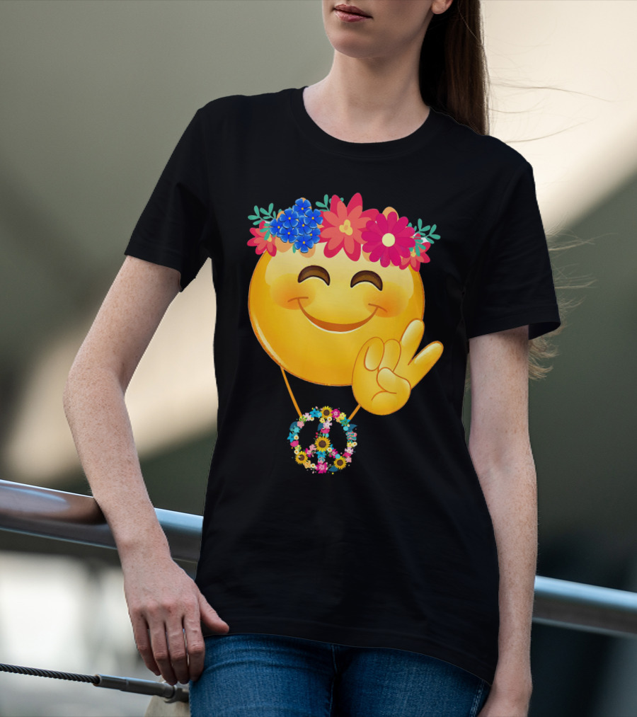 Hippie Flower Power Crown Smiley Peace Sign Necklace T-Shirt