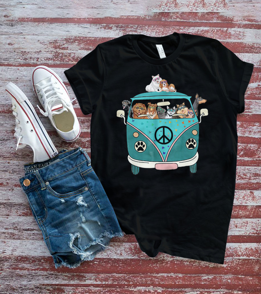 Dogs Riding A Peace Sign Paw Print Bus T-Shirt