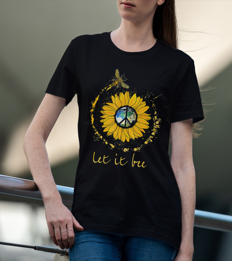 Let It Bee Flower Earth Peace Sign Hippie Yellow Sunflower T-Shirt
