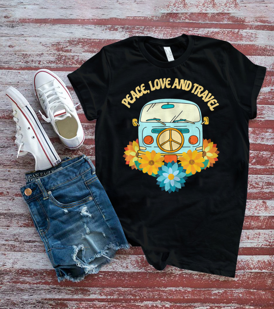 Peace Love And Travel Retro Hippie Van With Flowers T-Shirt