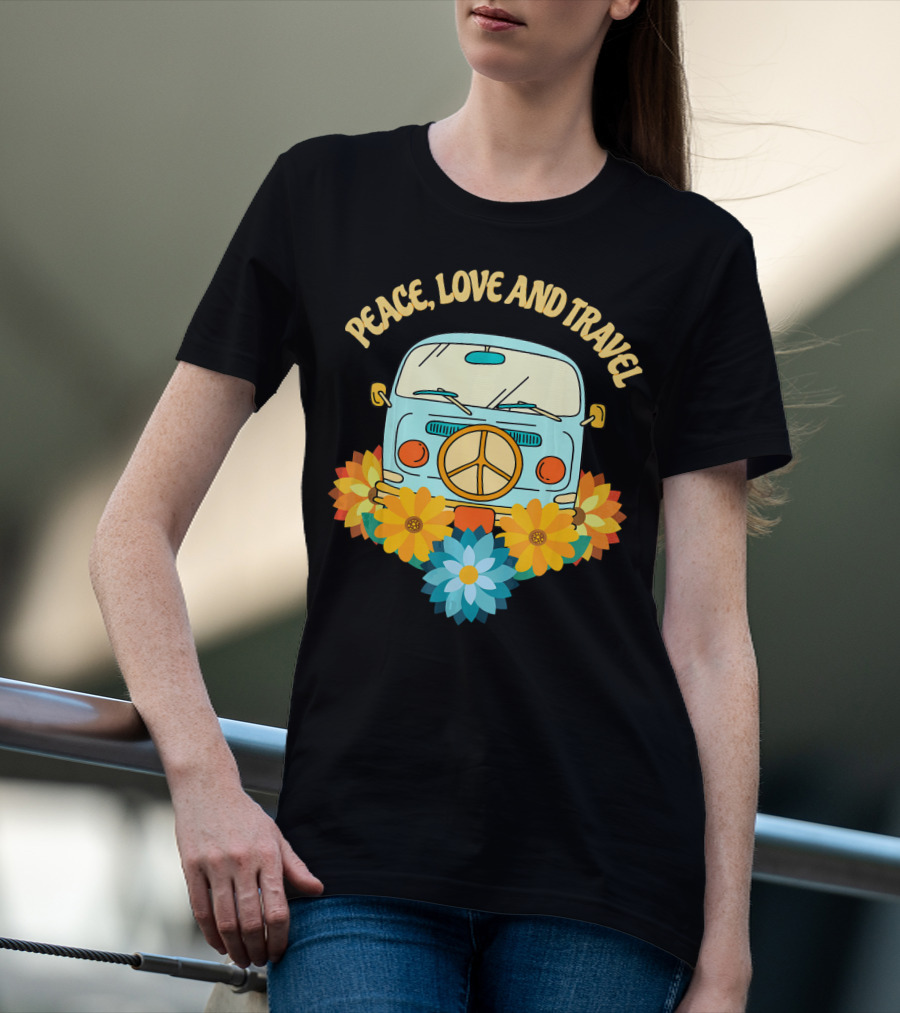 Peace Love And Travel Retro Hippie Van With Flowers T-Shirt
