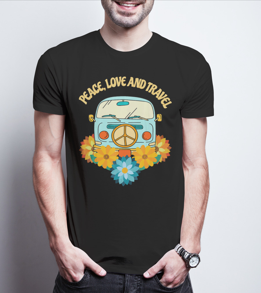 Peace Love And Travel Retro Hippie Van With Flowers T-Shirt