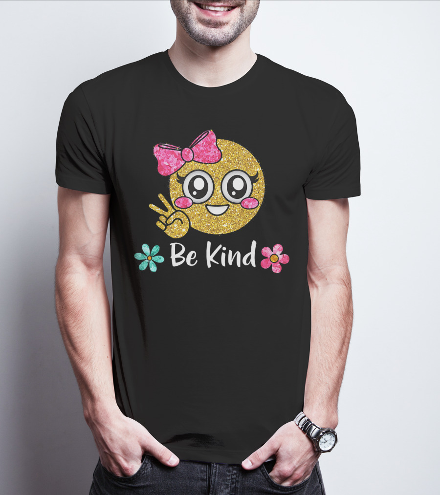 Be Kind Glitter Emoji Kawaii With Pink Bow And Flowers T-Shirt