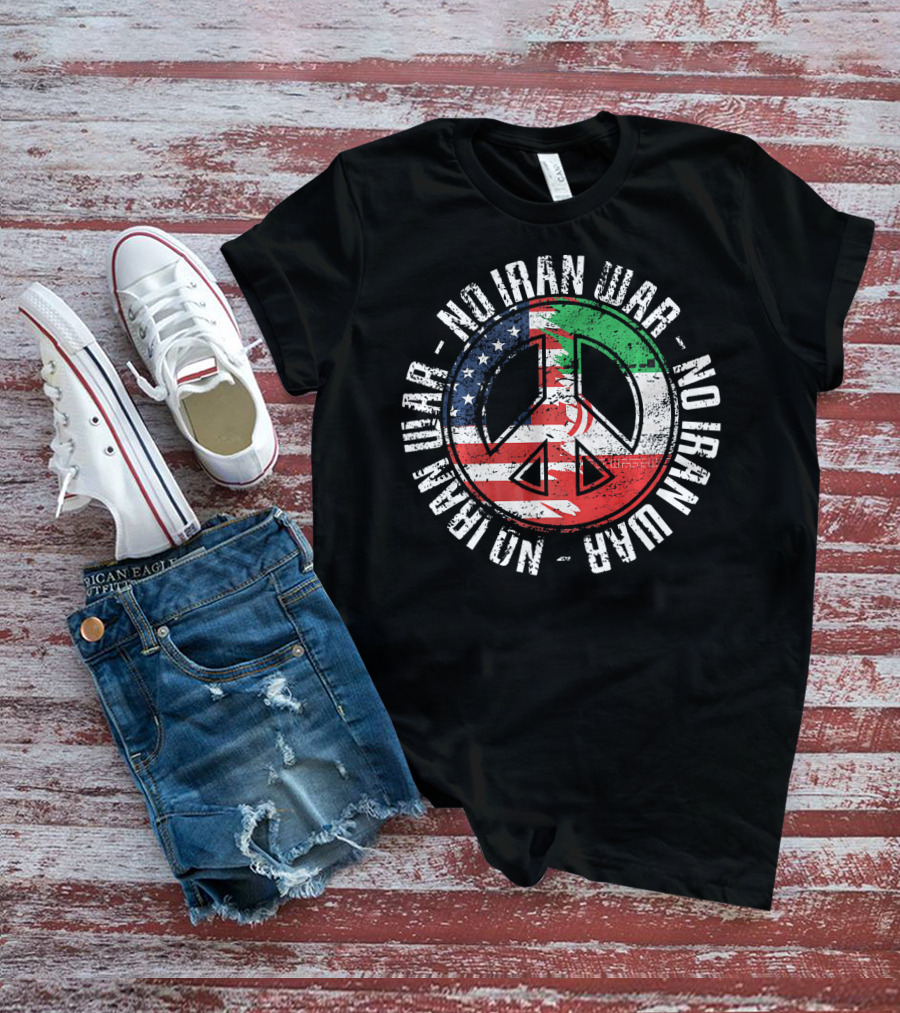 No Iran War Peace Symbol With American And Iranian Flags T-Shirt