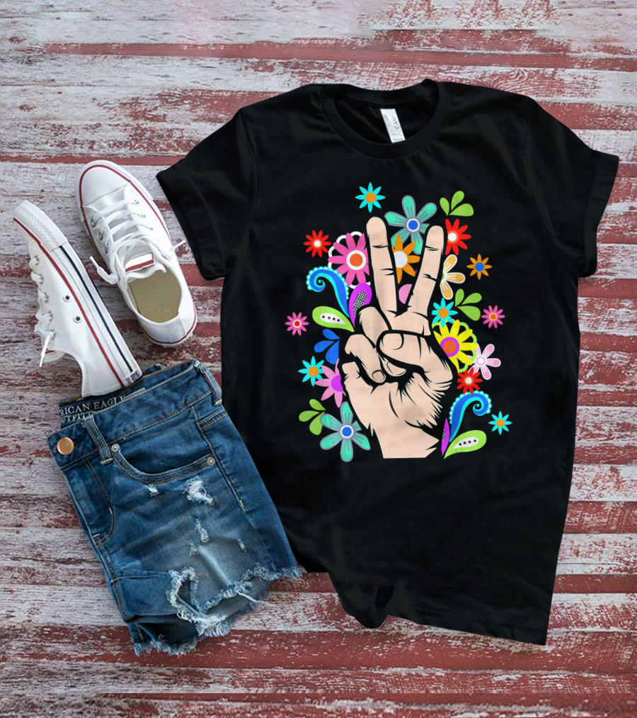 Hippie Cool Hand Peace Sign Surrounded By Colorful Flowers T-Shirt