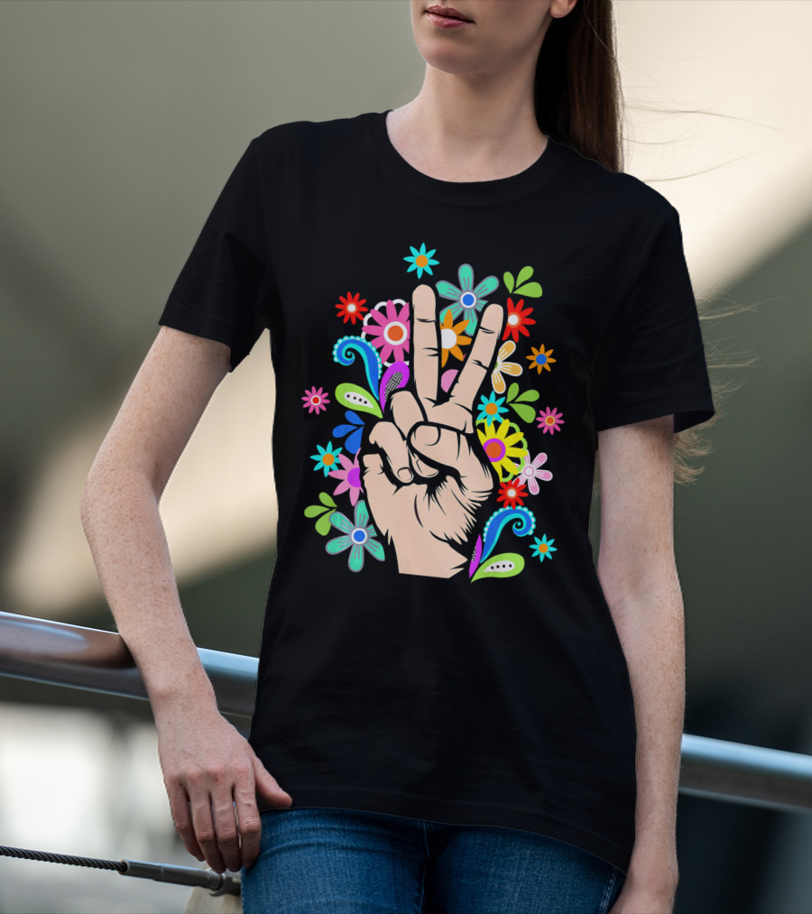 Hippie Cool Hand Peace Sign Surrounded By Colorful Flowers T-Shirt