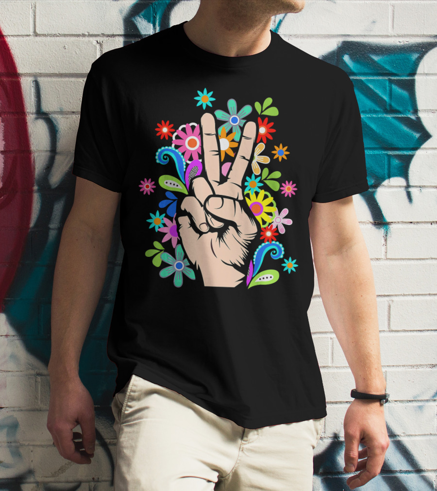 Hippie Cool Hand Peace Sign Surrounded By Colorful Flowers T-Shirt