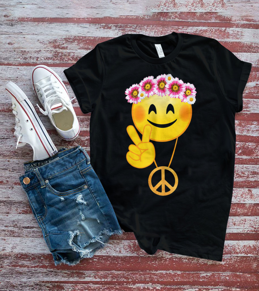 Peace Sign Smiley Face Flower Crown Hippie Necklace T-Shirt