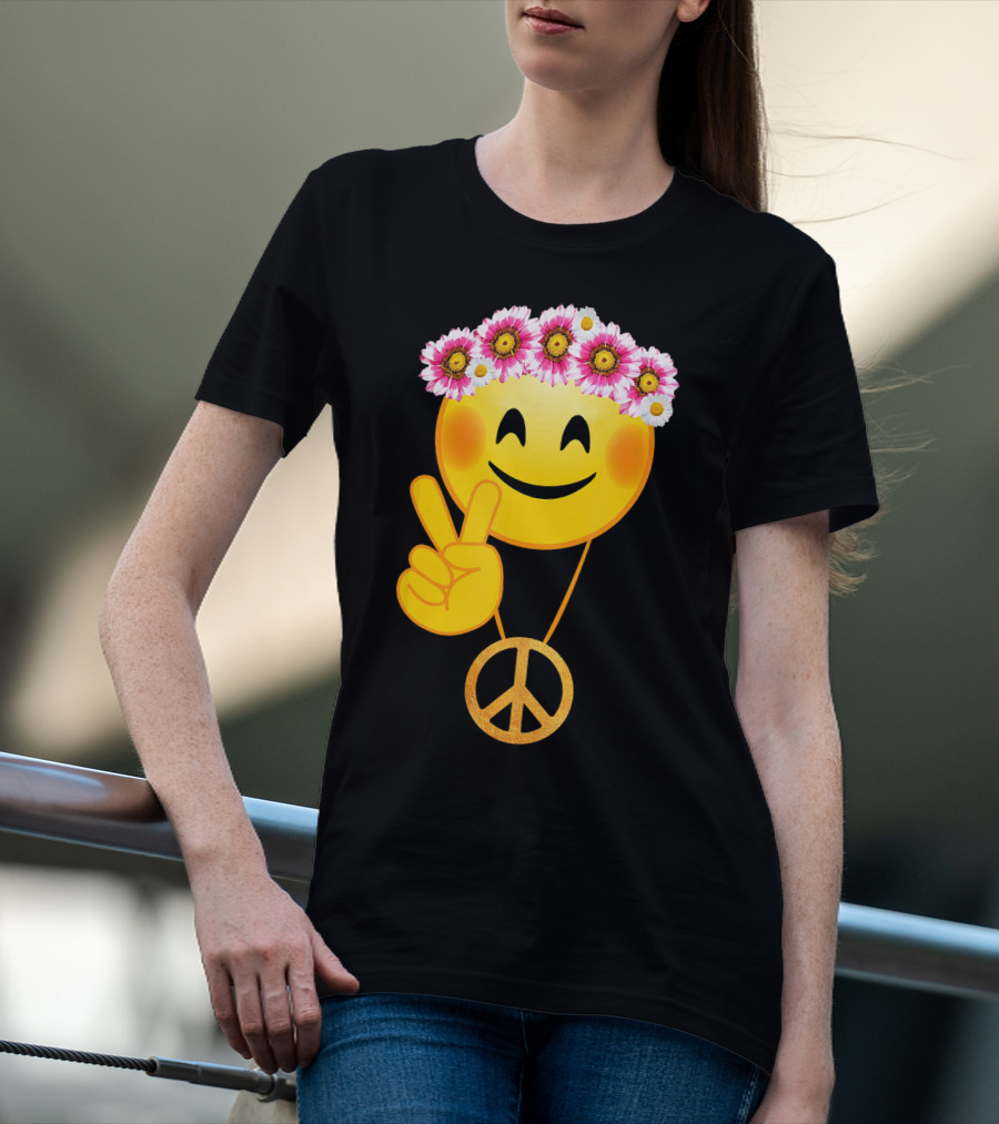 Peace Sign Smiley Face Flower Crown Hippie Necklace T-Shirt