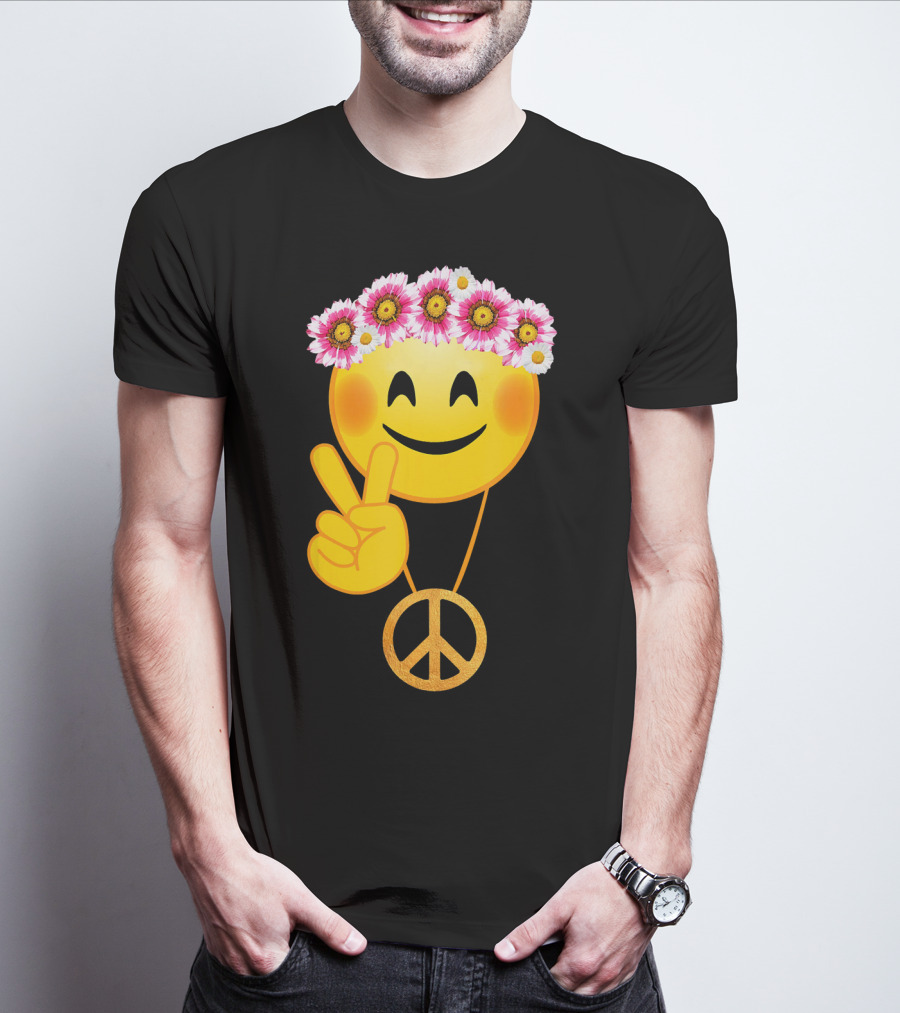 Peace Sign Smiley Face Flower Crown Hippie Necklace T-Shirt