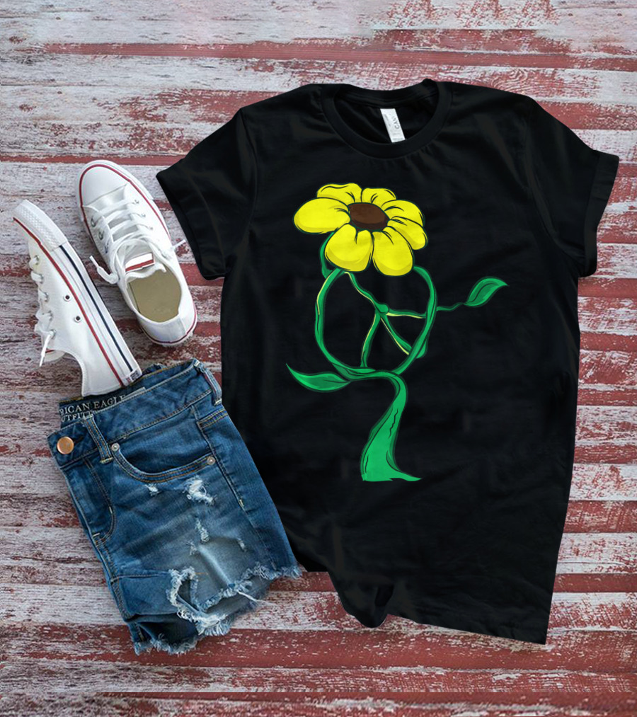 Hippie Yellow Flower Peace Sign Stem Green Leaves T-Shirt