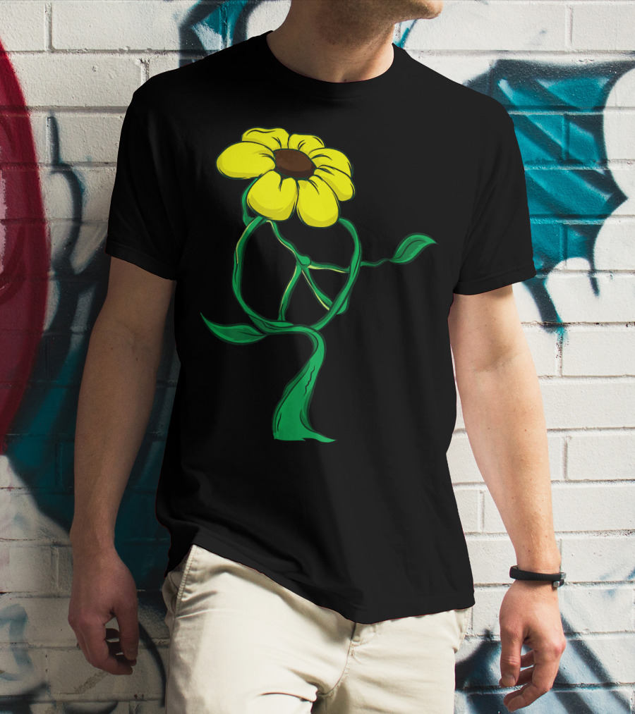 Hippie Yellow Flower Peace Sign Stem Green Leaves T-Shirt