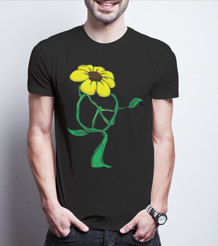 Hippie Yellow Flower Peace Sign Stem Green Leaves T-Shirt