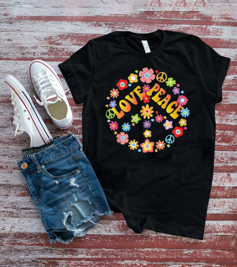LOVE PEACE 60s 70s Tie Dye Peace Sign Floral T-Shirt