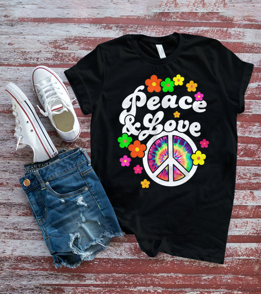 Peace Love Tie Dye Peace Sign With Colorful Flowers T-Shirt
