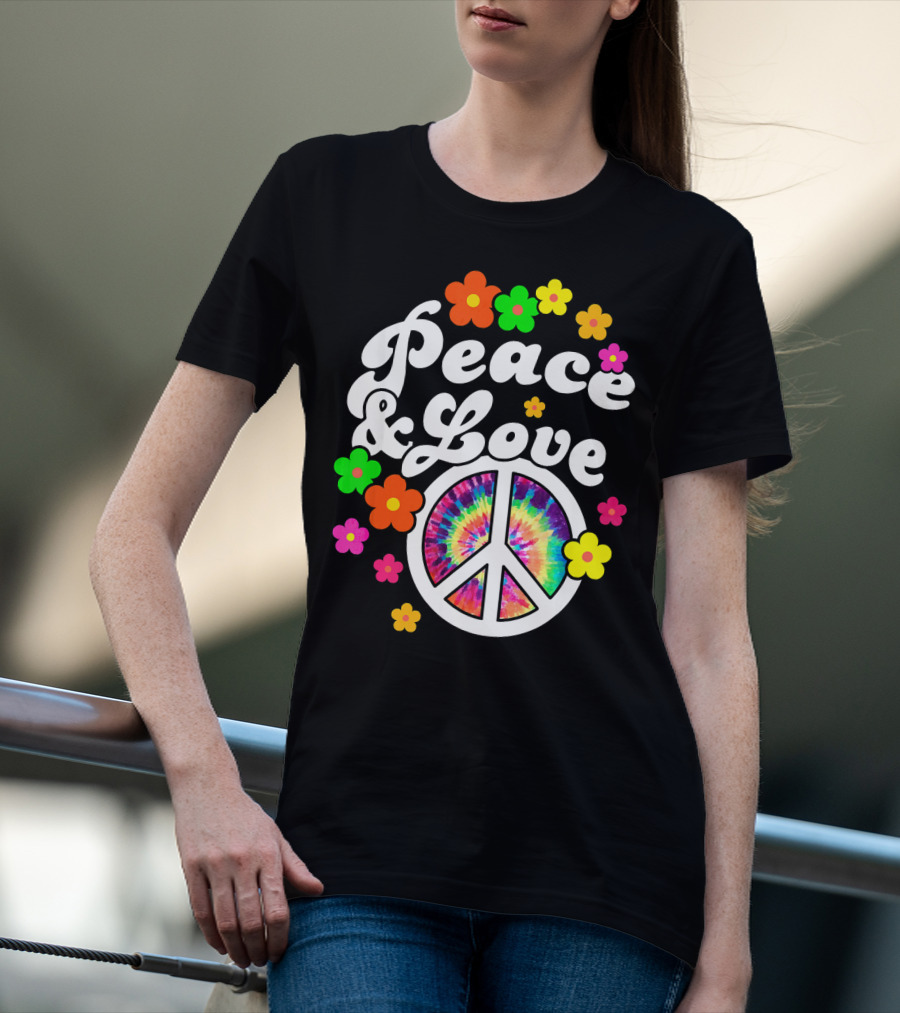 Peace Love Tie Dye Peace Sign With Colorful Flowers T-Shirt