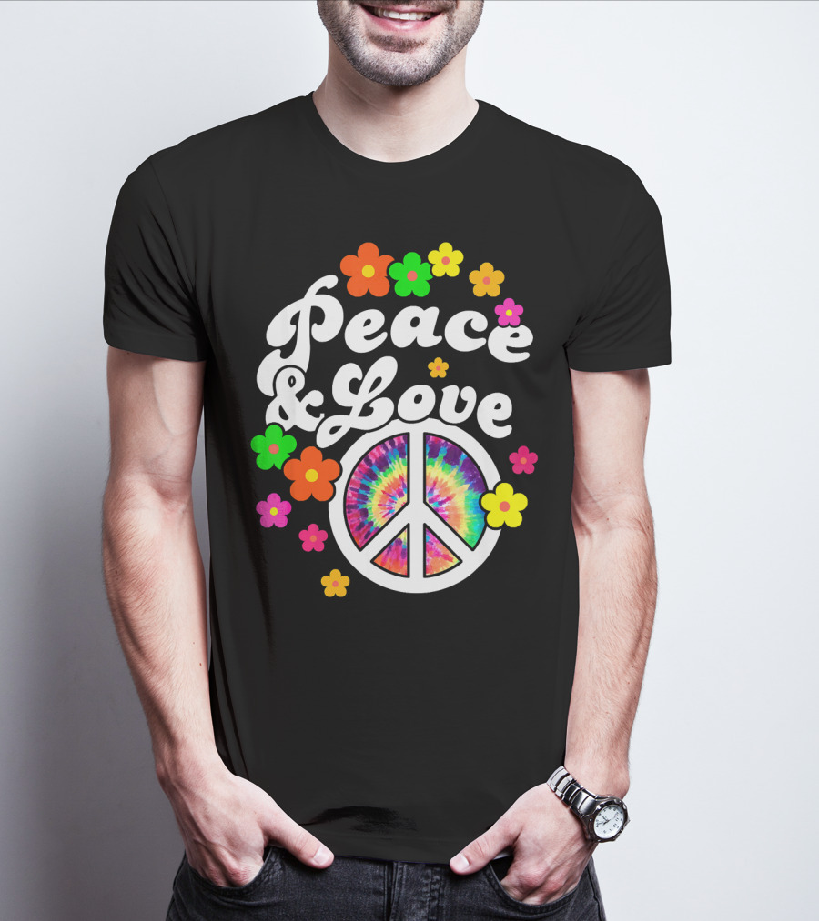 Peace Love Tie Dye Peace Sign With Colorful Flowers T-Shirt
