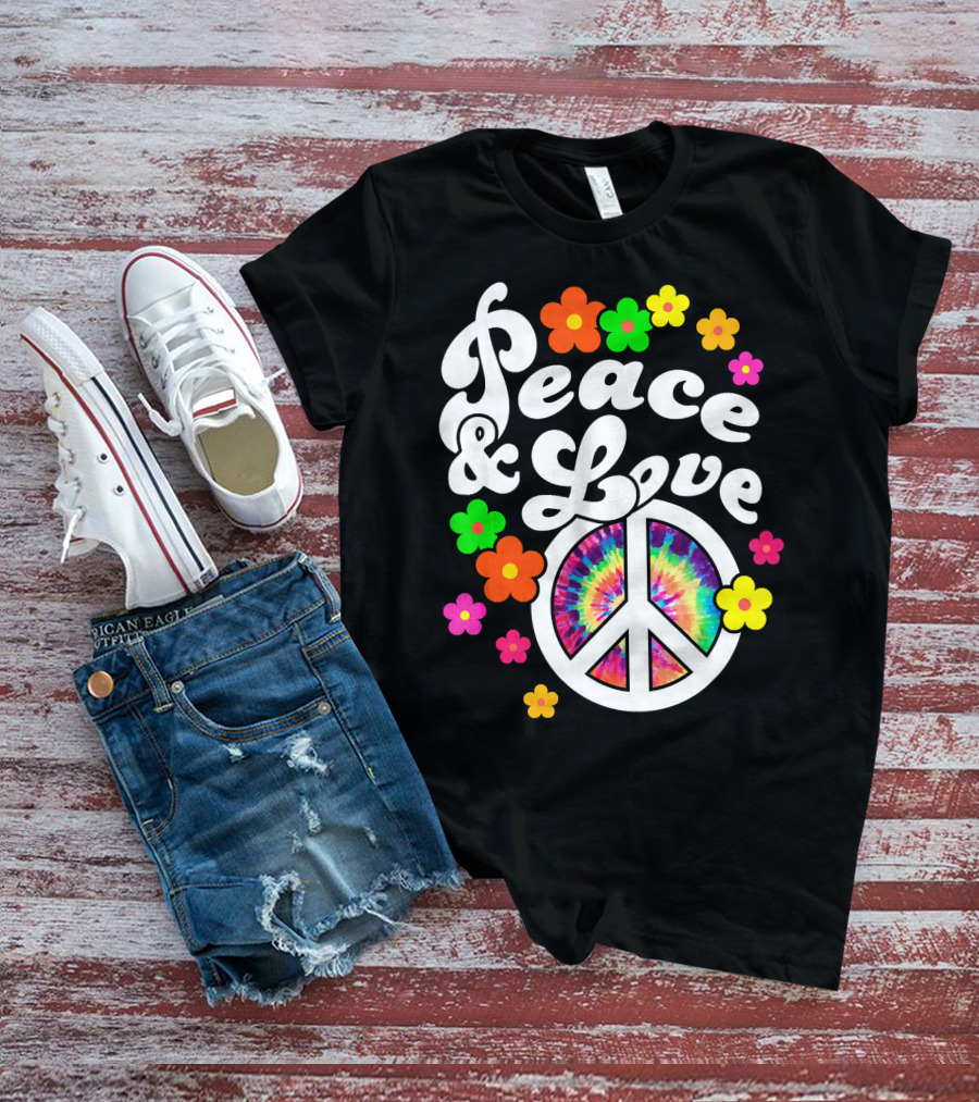 Peace And Love Hippie Sign With Colorful Flower T-Shirt