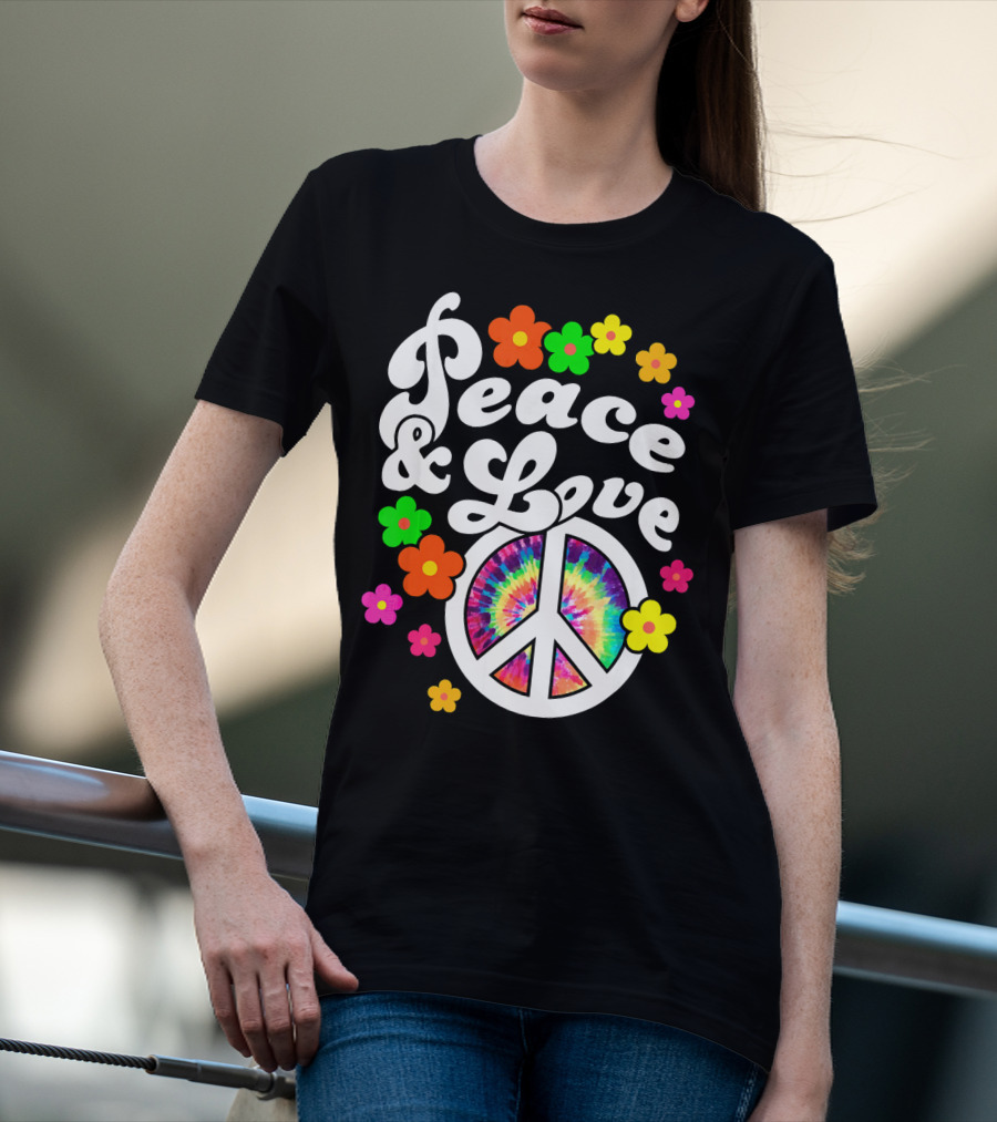 Peace And Love Hippie Sign With Colorful Flower T-Shirt
